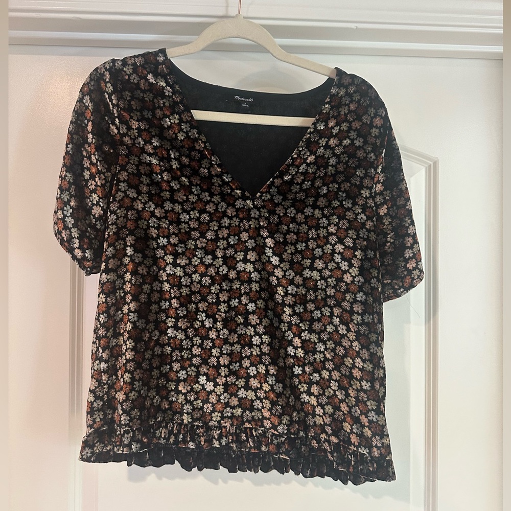 Madewell Floral Velvet V-Neck Blouse – Size Small